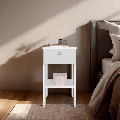 Vynxaria White Compact Nightstand with Single Drawer and Open Shelf, Versatile Storage for Small Spaces