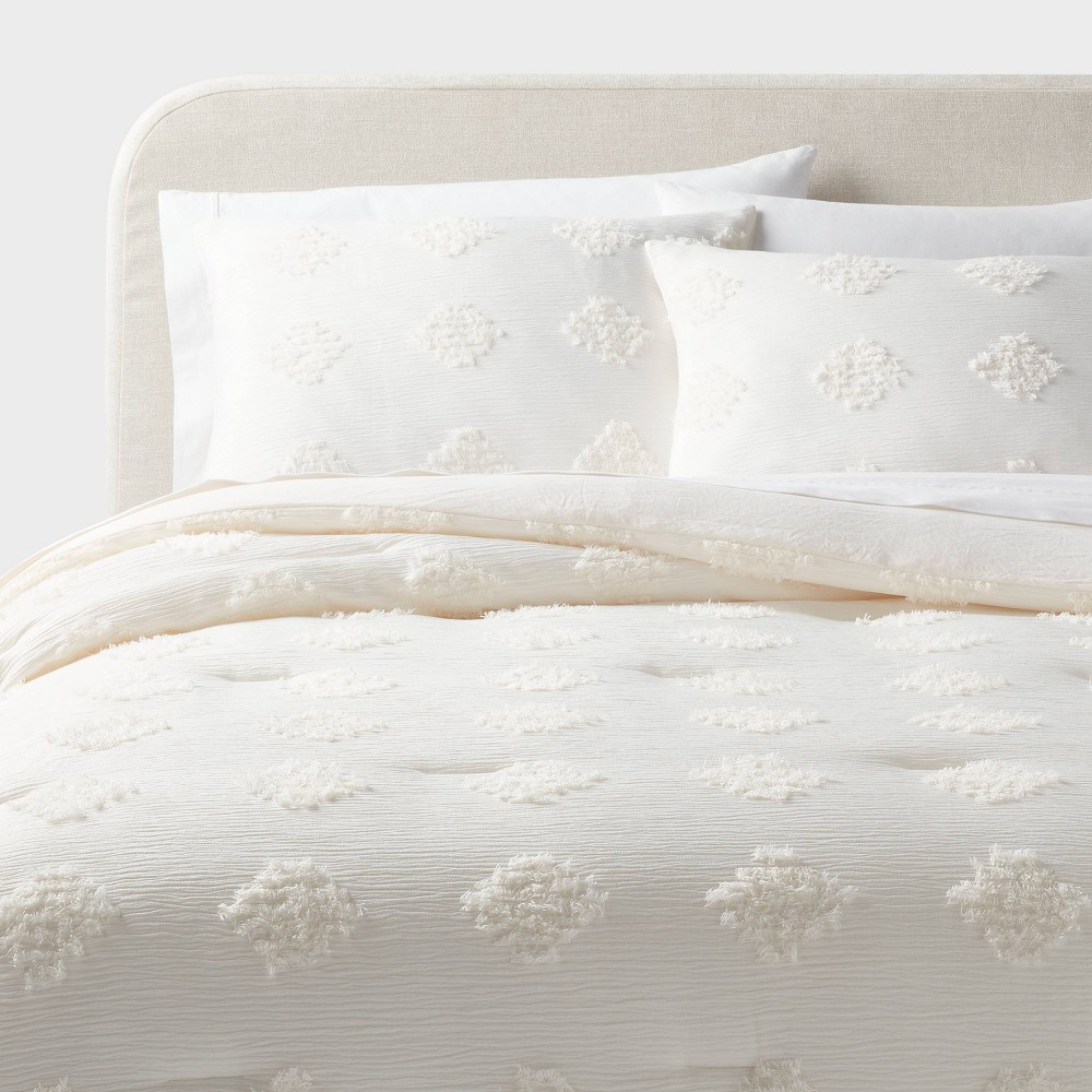 Photos - Bed Linen King Tufted Diamond Crinkle Comforter and Sham Set Ivory - Threshold™: OEKO-TEX Certified, Jacquard Weave, Recycled Material