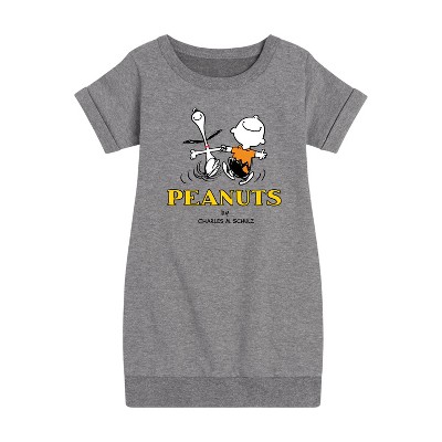 - Peanuts - Charlie Snoopy Dancing Graphic Short Sleeve Fleece Dress