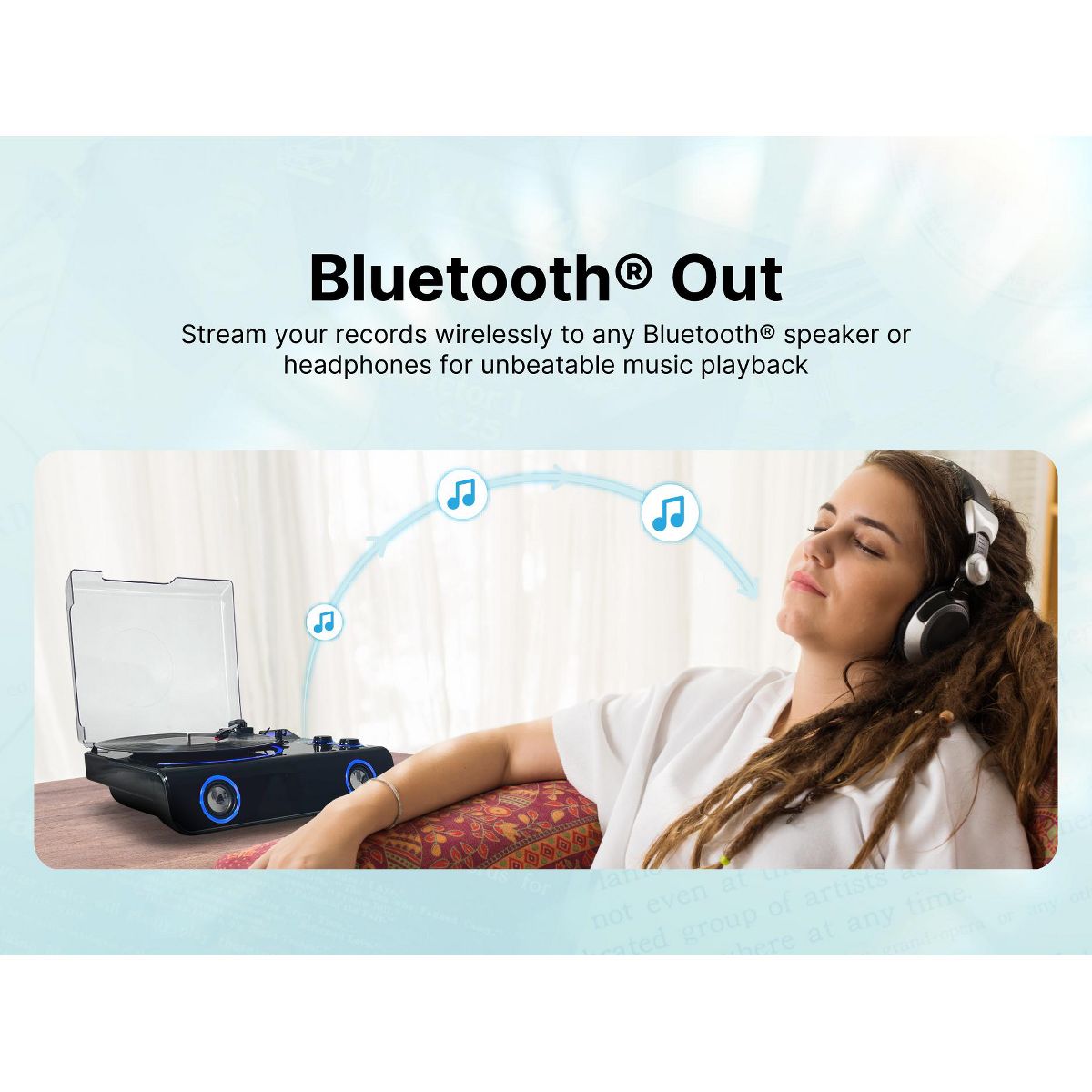 VICTOR Beacon 5-in-1 Turntable System with 3-Speed Record Player, FM Radio, Dual Bluetooth In & Out, Built-in Stereo Speakers, and Blue LED Accent - thumbnail 5