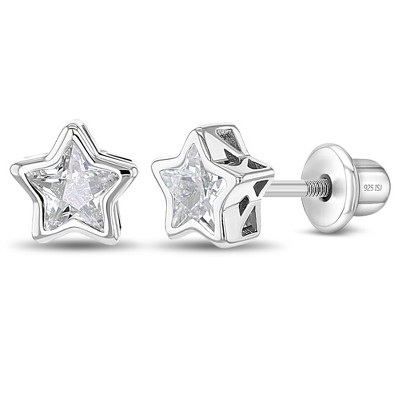 Girls' CZ Bezel Star Screw Back Sterling Silver Earrings - In Season Jewelry
