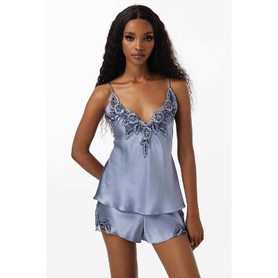 SilkSilky Women's Pure Silk Lace Flower Trim Pajama Set