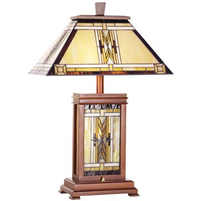 Robert Louis Tiffany Mission Rustic Table Lamp with Nightlight Walnut Wood Stained Art Glass Shade for Living Room Bedroom Office