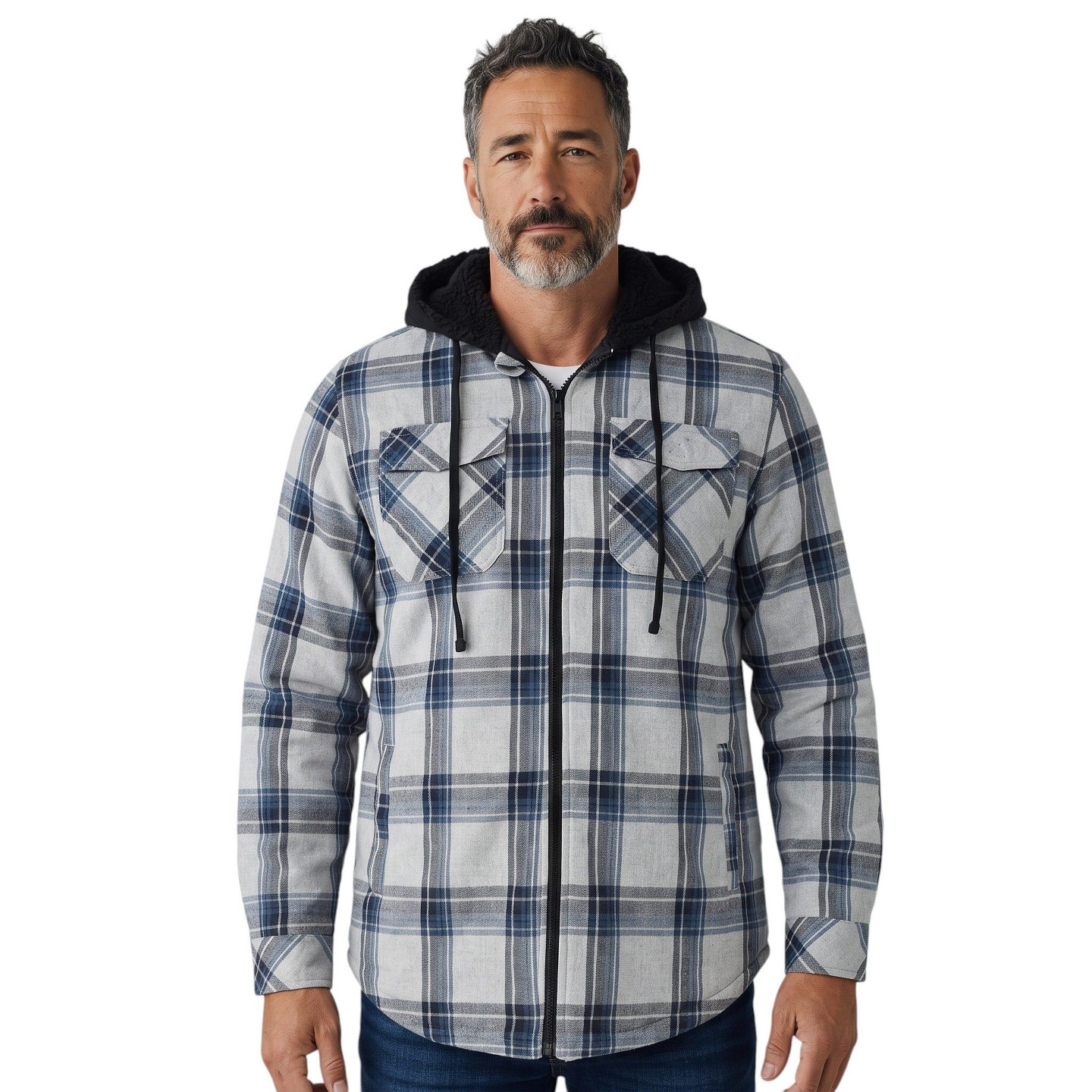 Мужское худи Burnside Quilted Lined Zip Front Flannel Gray & Blue Plaid, цвет: Серый — фото 3
