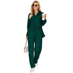 Women Two Piece Casual Outfits Y2K Loungewear Pleated Wide Leg Pants Long Sleeve Button Down Shirt Streetwear Set - 1 of 4