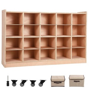 20-Cubby Mobile Storage Cabinet with 4 Casters, Anti-Flip Fittings & 2 Storage Boxes, Organizer Unit for Home, School or Kindergarten, Natural - 1 of 4