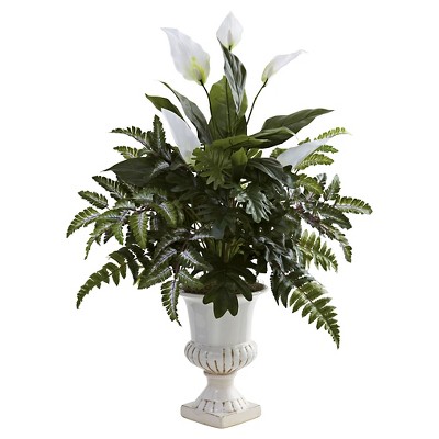 Nearly Natural Mixed and Spathiphyllum with Decorative Urn