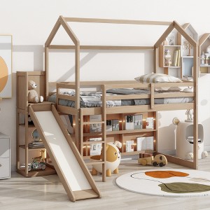 Twin Size Wood House Loft bed with Slide, Storage shelves and Light - 1 of 4