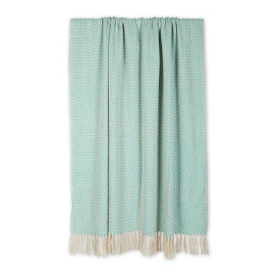Aqua Handloom Chevron Cotton Throw Blanket with Fringe