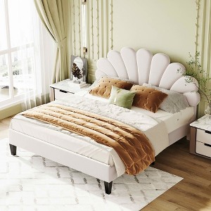 MAYEERTY Queen Size Upholstered Platform Bed, Flower Pattern Velvet Headboard, Bedroom, Beige - 1 of 4