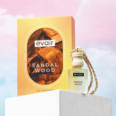 Evair Hanging Car Air Freshener with 100% Essential Oils Fragrance in Glass Bottle with Wooden Diffuser Lid | 10 ml (Sandalwood) Pack of 1
