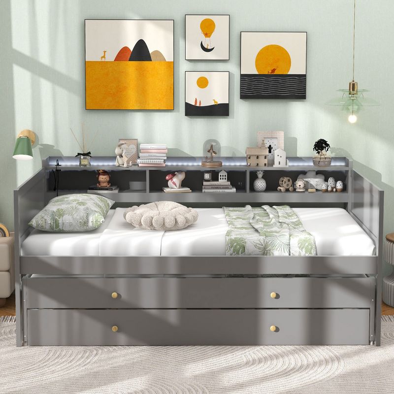 Tangkula Twin XL Captain Daybed w/ 2 Twin Trundle Storage RGB Lights Charge Station Gray, 3 of 10