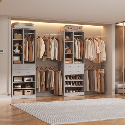 Aheaplus Walk-In Closet System with 6 Hanging Rods and Adjustable Shoes Shelves, Wooden Closet Storage with Drawers