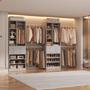 Aheaplus Walk-In Closet System with 6 Hanging Rods and Adjustable Shoes Shelves, Wooden Closet Storage with Drawers - 1 of 4
