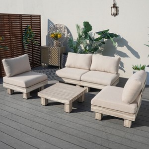 Moda Furnishings 4-Person Outdoor Patio Aluminum Wood Grain Sectional Seating Group With Beige Cushions - 1 of 4