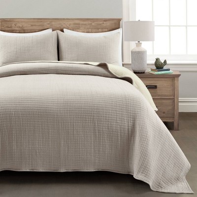 3шт King Pickstitch Quilt/Coverlet Neutral/Off White - Lush Décor