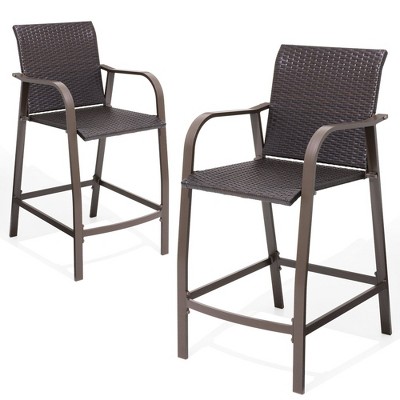 2 pcs Crestlive Products Aluminum Patio Bar Stools Outdoor Wicker Bar Chairs All Weather Backyard Furniture in Antique Brown Finish