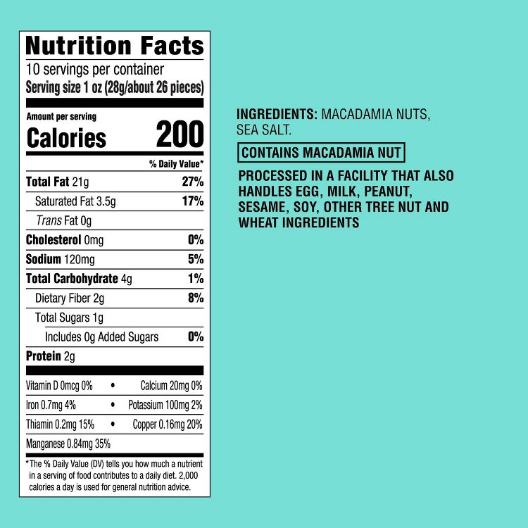 Nutrition label for macadamia nuts showing 200 calories per serving, with ingredients listed as macadamia nuts and sea salt, and a warning about processing in a facility that handles various allergens.