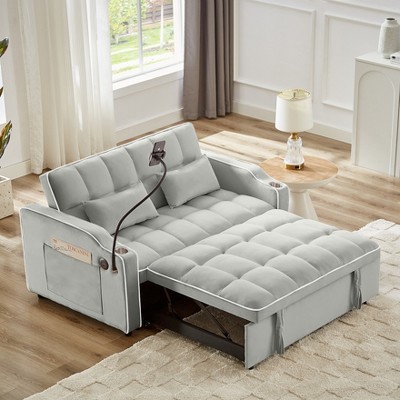 LOVMOR foldable sofa bed in 3 lengths, modern sofa velvet pull-out bed couch, adjustable back with USB port and ashtray and swivel phone stand