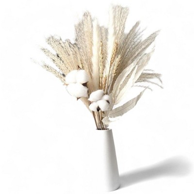 Alilang Cotton and Pampas Grass Dried Floral Arrangement with Wheat and Palm Leaves, 17.5 Inches - White