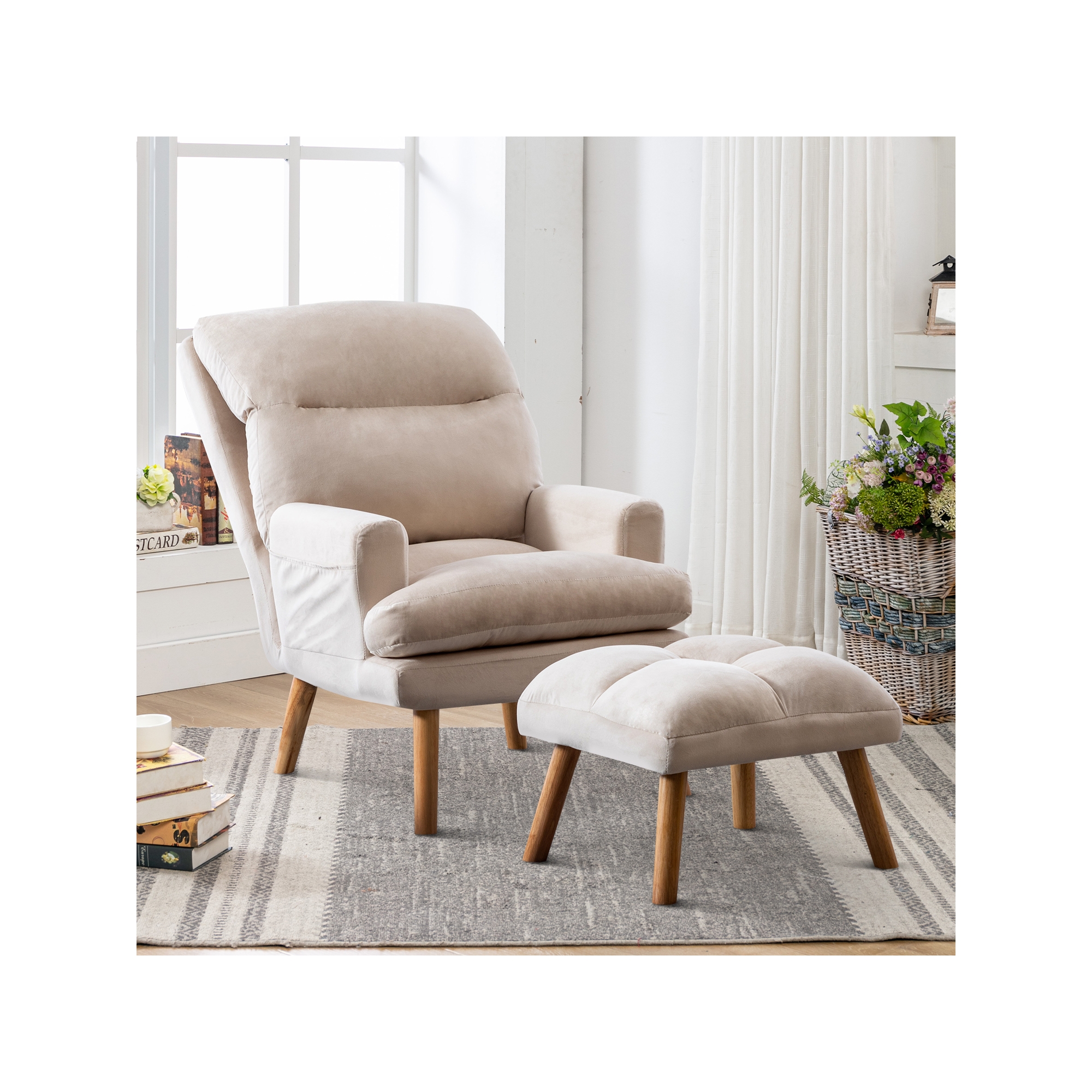 Bestier Accent Chairs with Ottoman, Velvet Fabric Armchair for Bedroom Living Room, Comfy Lounge Chair with Adjustable Backrest and Side Pocket, Beige