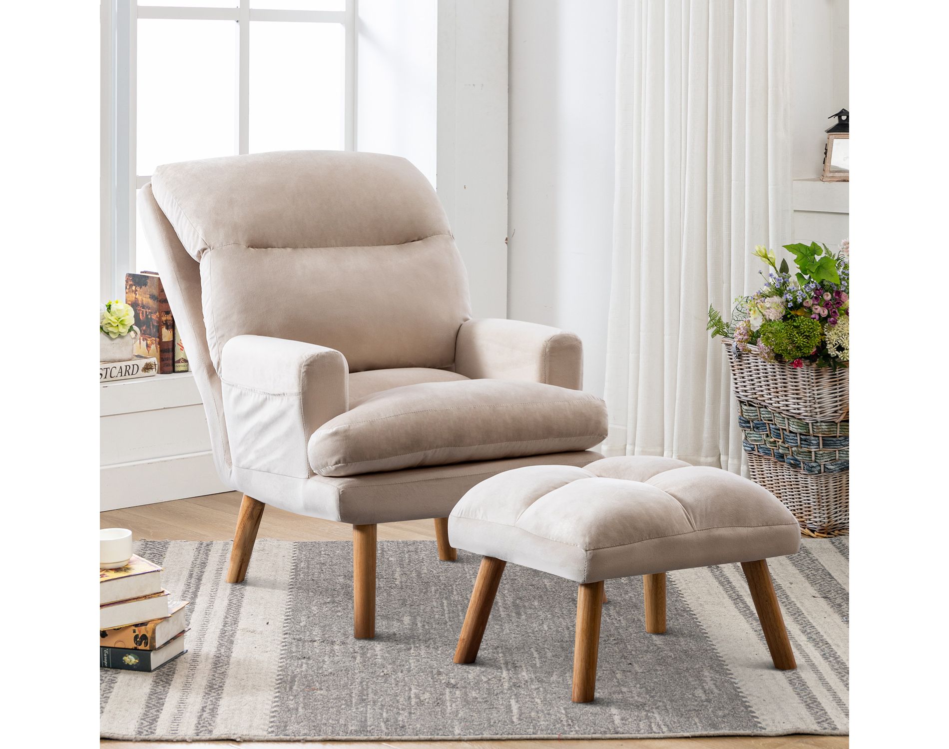 Bestier Accent Chairs with Ottoman, Velvet Fabric Armchair for Bedroom Living Room, Comfy Lounge Chair with Adjustable Backrest and Side Pocket, Beige