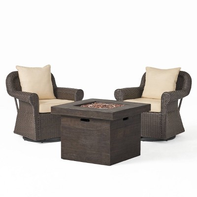 Avondale 3pc All-Weather Wicker Patio Chair Set w/ Fire Pit - Dark Brown - Christopher Knight Home