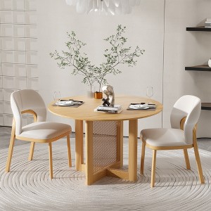 Spassway 46" Round Oak Wood Dining Table with Cross Legs Modern Kitchen Table with Rattan Solid Wood Legs Seats 4 - 1 of 4