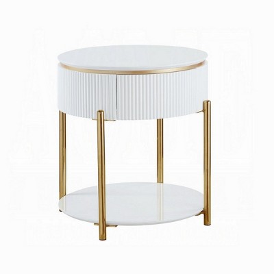 Royal Hampton Side End Table with Drawer, 22 Inch Glossy White, Gold Metal