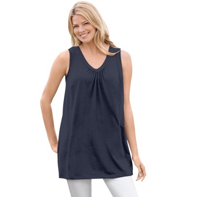 Woman Within Plus Size Perfect Sleeveless Shirred V-Neck Tunic