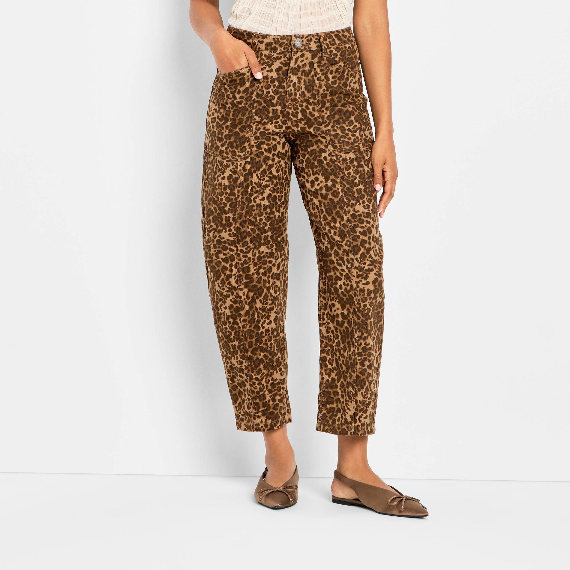 Women's Mid-Rise Barrel Leg Jeans - Future Collective Brown Leopard Print