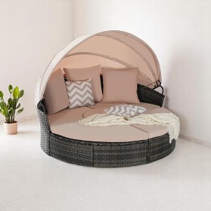 5-Piece Patio Wicker Daybed Set with Retractable Canopy, Storable Side Table, and Washable Cushions – Outdoor Furniture Set - 1 of 4