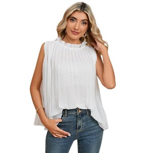Sleeveless Tops for Women Pleated Tunic Tops Chiifon Blouse with Frill Mock Neck Flowy Dressy Casual Tank Tops （One size fits all） - 1 of 4