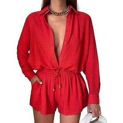 WhizMax Women's Casual 2 Piece sets Long Sleeve Button Down Shirt High Waist Drawstring Short Outfit sets