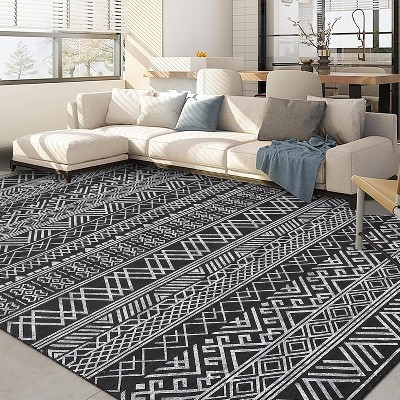 Washable Area Rugs Neutral Modern Living Room Rug Stain-Resistant Low Pile Non Slip Indoor Distressed Print Carpet