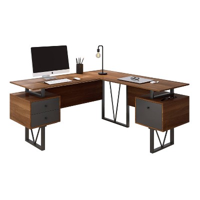 Gray L-Shaped Computer Desk with Drawers and File Cabinet