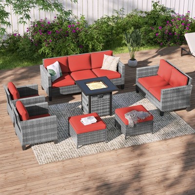 Sonkuki 7 Pieces Patio Sofa with Square Fire Pit Table and Ottomans, Wicker Conversation Couch, Sand Cushion