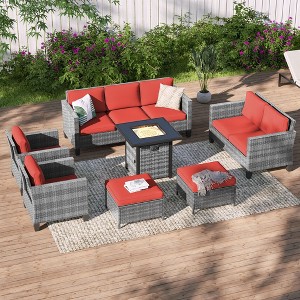 Sonkuki 7 Pieces Patio Sofa with Square Fire Pit Table and Ottomans, Wicker Conversation Couch, Sand Cushion - 1 of 4