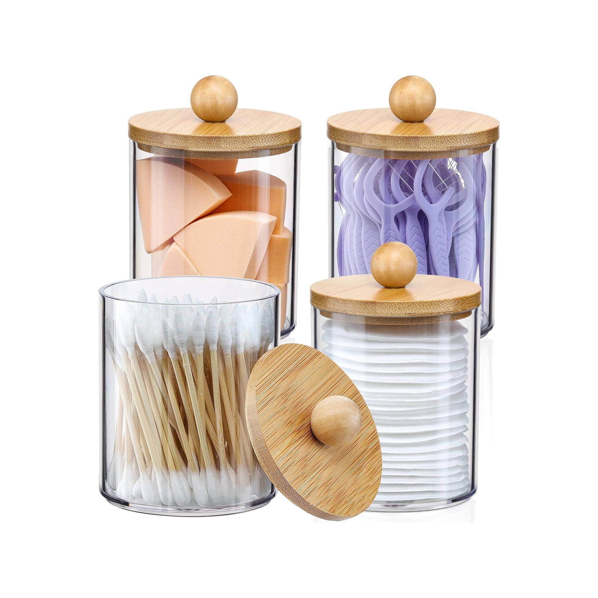 Maison Acrylic Qtip Holder Dispenser Wooden Covers 4 Pack