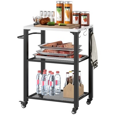 Outsunny 3-Tier Outdoor Grill Cart with Stainless Steel Tabletop, 22" x 16.1" Multifunctional Pizza Oven Table with Hooks, Side Handle, Wheels