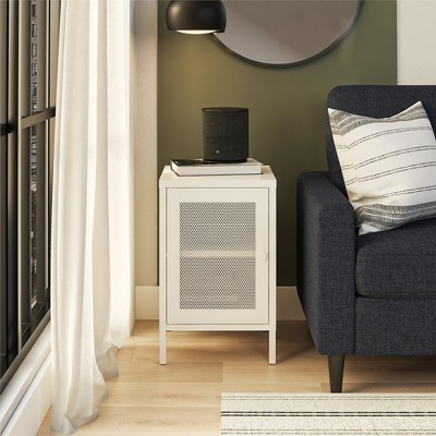White Metal End Table with Perforated Mesh Door and Storage