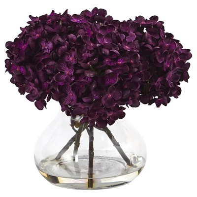 8.5" Hydrangea Silk Flower Arrangement with Glass Vase, Purple - Nearly Natural