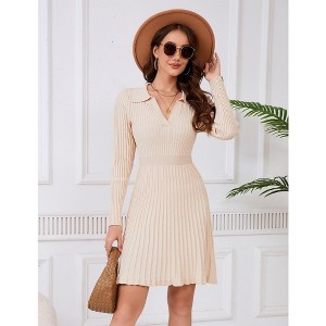 YesFashion Women's Sweater Dress 2024 Fall Long Sleeve Cable Lapel Collar Dress Ribbed Knit A Line Swing Pleated Midi Dresses - 1 of 4