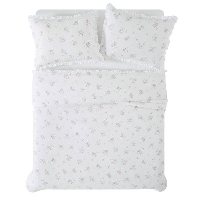 Rosebury White and Pink Cotton Ruffled Full/Queen Duvet Set