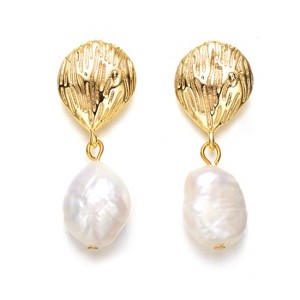Guili 14K Yellow Gold Plated Earrings with Baroque Oval Freshwater White Pearl and Coral Reef Design in Sterling Silver, a Unique Look - 1 of 3