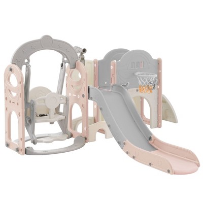 Kids and Swing Set, Toddler Freestanding Playset with Basketball Hoop, Climbing Frame and Telescope, Playground Birthday Gifts for Boys Girls
