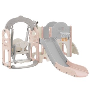 Kids and Swing Set, Toddler Freestanding Playset with Basketball Hoop, Climbing Frame and Telescope, Playground Birthday Gifts for Boys Girls - 1 of 4