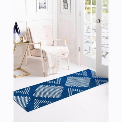 Kai Navy Blue Geometric Synthetic Runner Rug