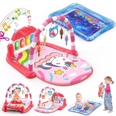 Skirfy 2 in 1 Baby Gym Playmat, Tummy Time Water Mat with 5 Infant Sensory Baby Toys & Play Piano, Boys and Girls Newborn Baby Gift