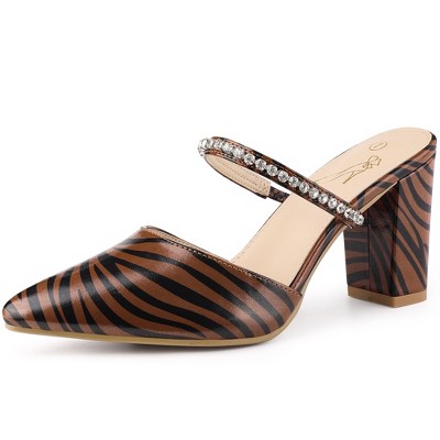 Perphy Women's Zebra Print Pointed Toe Rhinestones Strap Chunky Heel Mules